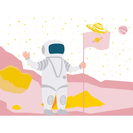 Astronauta plantando su bandera en el planeta  Ilustración