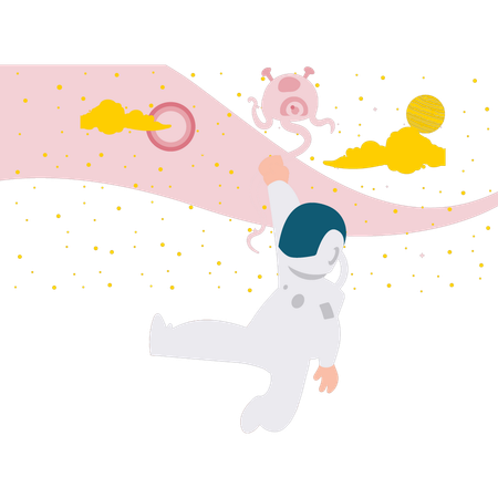 Astronauta rebocando alienígena no espaço  Ilustração