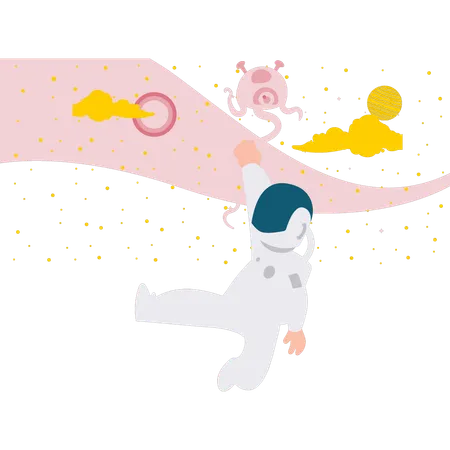Astronauta rebocando alienígena no espaço  Ilustração