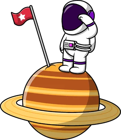 Astronauta respeita bandeira estelar no planeta  Ilustração