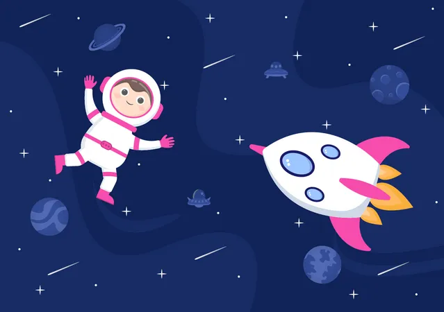 Astronauta Con Ilustracion De Fondo De Cohete Para Explorar El Espacio Exterior Y Moverse Para Ver Estrellas Luna Planetas O Asteroides Ilustración