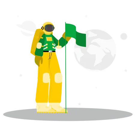 Astronauta segurando bandeira  Ilustração