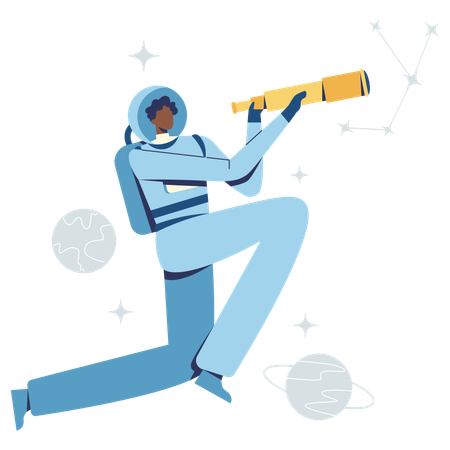 Astronauta segurando telescópio  Ilustração