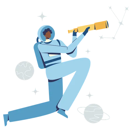 Astronauta segurando telescópio  Ilustração