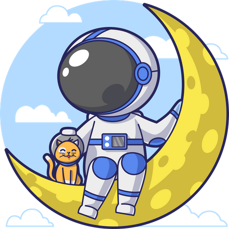 Astronauta sentado en la luna con mascota gato  Ilustración
