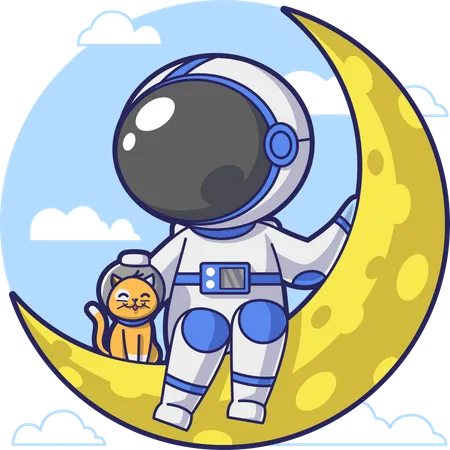 Astronauta sentado na lua com gato de estimação  Ilustração