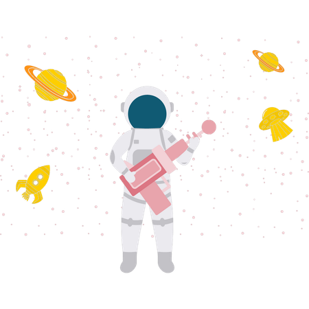 Astronauta sosteniendo pistola espacial  Ilustración