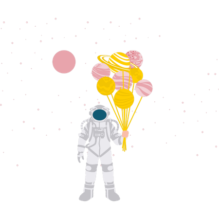 Astronauta sosteniendo planetas como globos  Ilustración