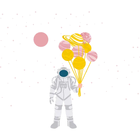 Astronauta sosteniendo planetas como globos  Ilustración
