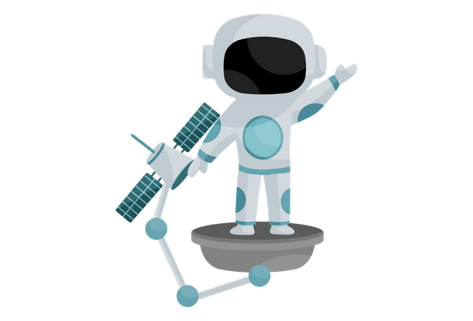 Astronauta sosteniendo el satélite en la mano  Ilustración