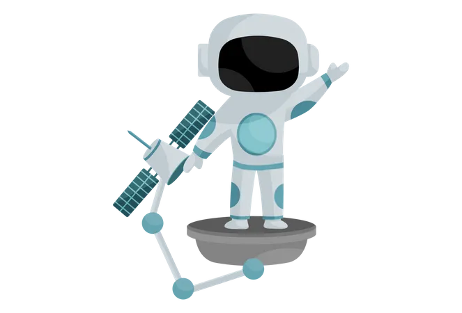 Astronauta sosteniendo el satélite en la mano  Ilustración