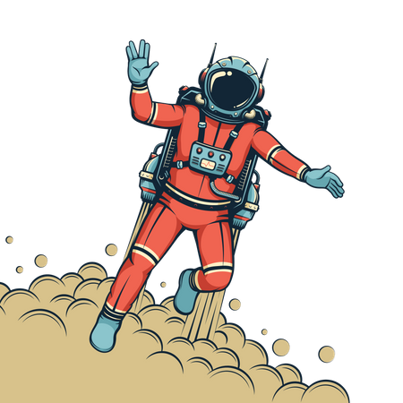 Astronauta voando com jetpack com astronauta em traje espacial  Ilustração
