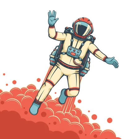 Astronauta volando con jetpack con astronauta en traje espacial  Ilustración