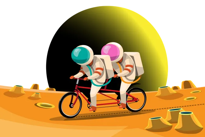 Los astronautas andan en bicicleta por la superficie del planeta.  Ilustración