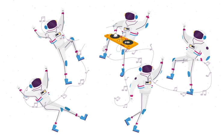Astronautas bailando con DJ tocadiscos en espacio abierto  Ilustración