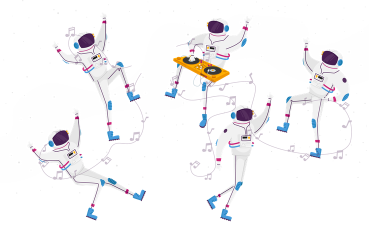 Astronautas dançando com toca-discos de DJ em espaço aberto  Ilustração