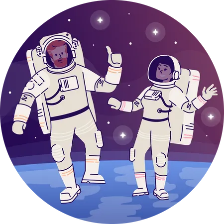 Astronautas En El Icono Del Concepto Plano Del Espacio Ultraterrestre Cosmonauta En Traje Espacial Flotando En Pegatina Del Cosmos Clipart Viajeros Interestelares Exploracion Espacial Ilustracion De Dibujos Animados Aislados Sobre Fondo Blanco Ilustración