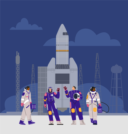 Astronautas femininas em trajes espaciais na plataforma de lançamento, ao lado do foguete  Ilustração