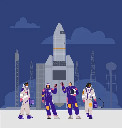 Astronautas femininas em trajes espaciais na plataforma de lançamento, ao lado do foguete  Ilustração