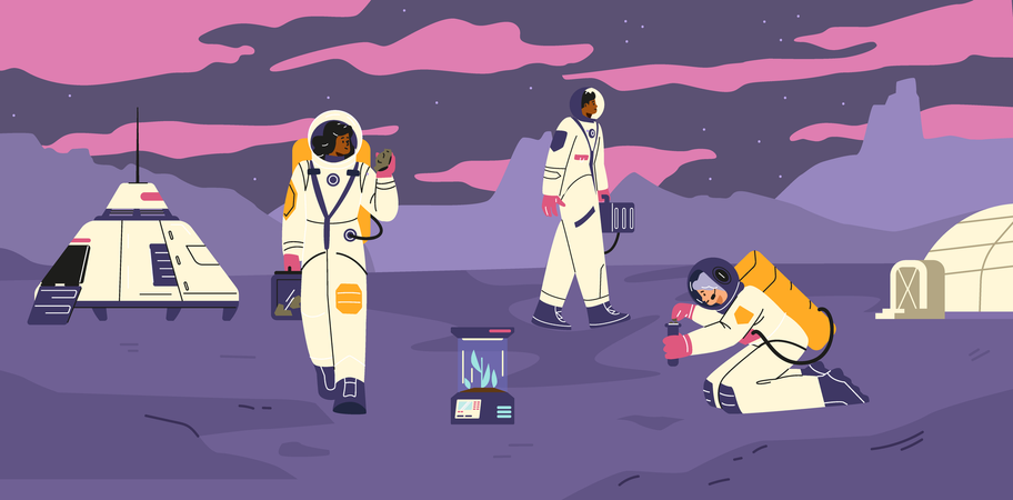 Astronautas femininas em trajes espaciais seguindo um planeta roxo com nuvens rosas  Ilustração