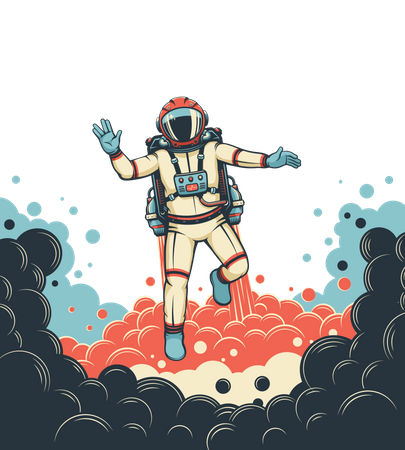 Un astronaute avec un jetpack vole un Spaceman en combinaison spatiale  Illustration