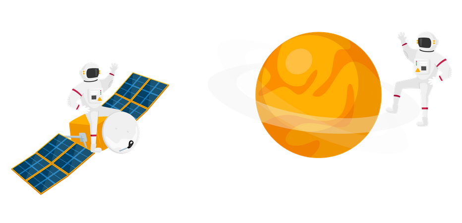 Astronaute en combinaison spatiale volant dans l'espace avec satellite  Illustration