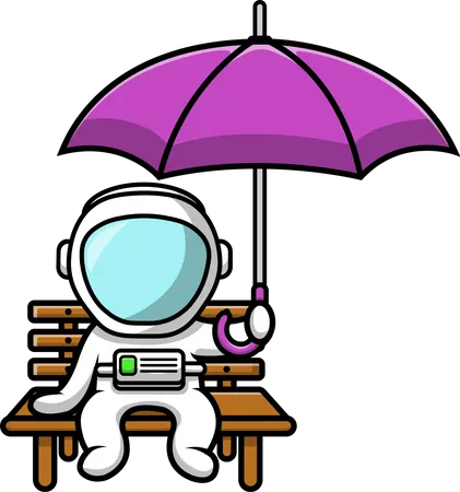 Astronaute mignon assis sur un banc tenant un parapluie  Illustration