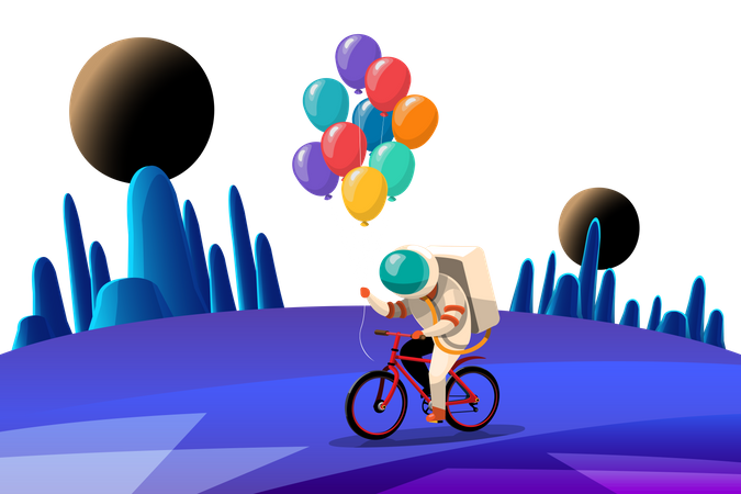 Astronaute faisant du vélo tout en tenant des ballons  Illustration