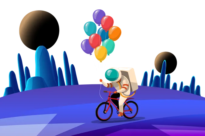 Astronaute faisant du vélo tout en tenant des ballons  Illustration