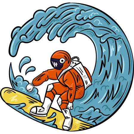 Un astronaute surfe sur une énorme vague  Illustration