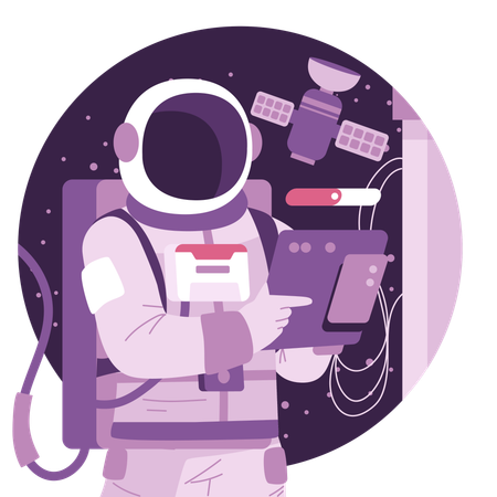 Astronaute vérifiant les informations sur une tablette  Illustration