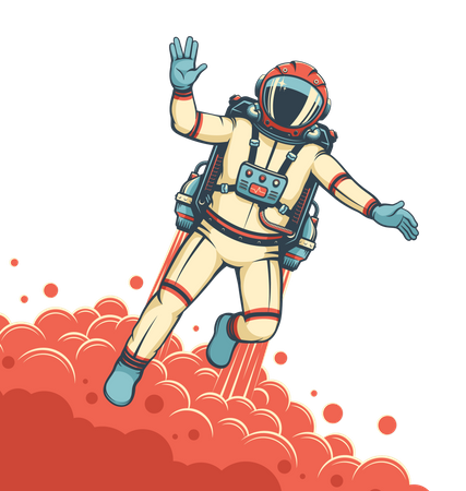 Astronaute volant avec jetpack avec astronaute en combinaison spatiale  Illustration