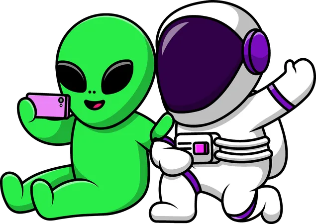 Astronaut und Außerirdischer Selfie mit Telefon  Illustration