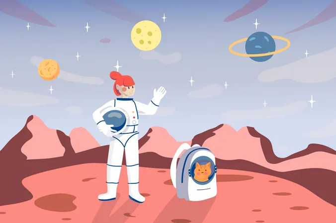 Astronautin auf der Oberfläche des Planeten  Illustration