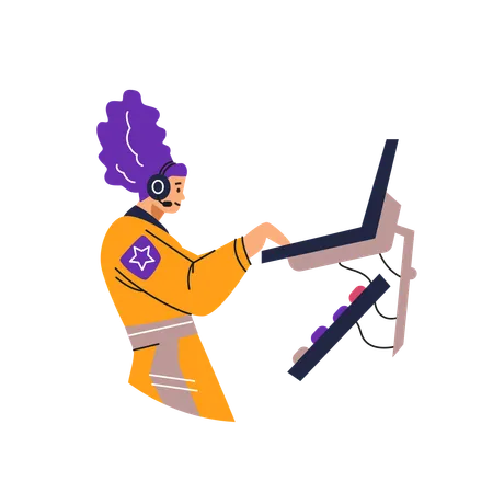 Astronautin im Schutzanzug am Computer mit Headset  Illustration