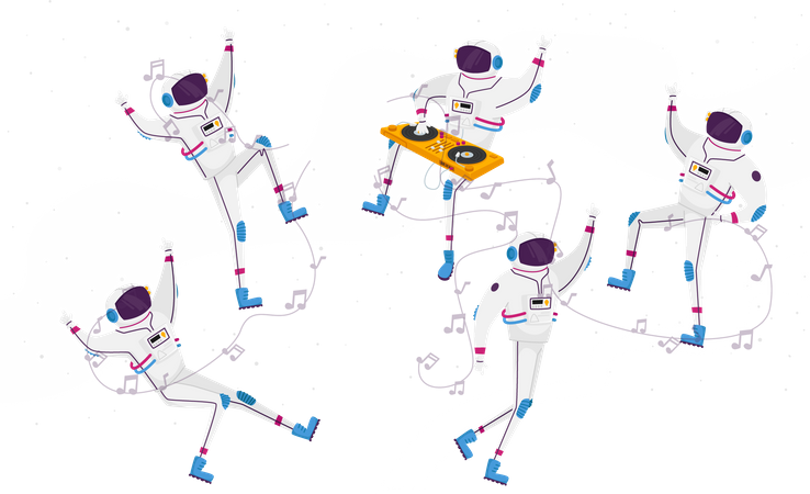 Astronauts Dancing with Dj Turntable in Open Space  Illustration