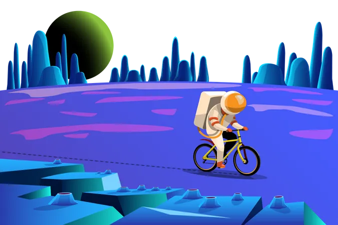 Astronauts ride bikes on planet surface  Illustration