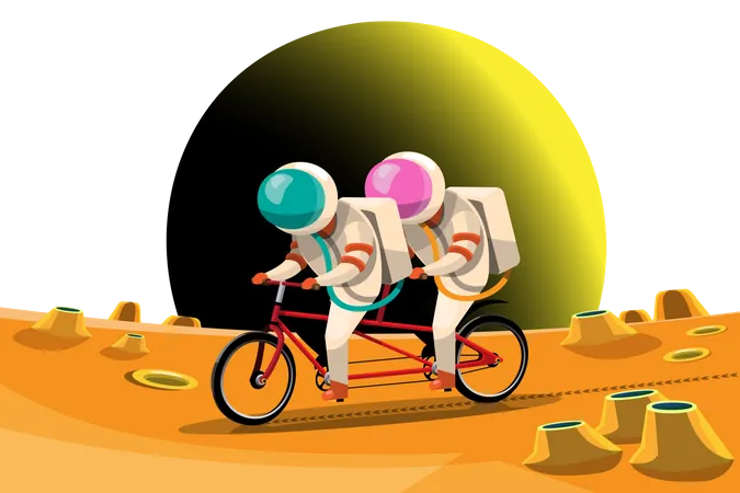 Astronauts ride bikes on the planet's surface  Illustration