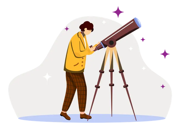 Astronomer Flat Vector Illustration Observing Stars Planets Sky Scientist With Special Equipment Discovering Space Objects Man With Telescope Isolated Cartoon Character On White Background Illustration