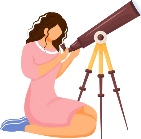 Astronomer With Telescope Flat Color Vector Faceless Character Person Searching For Constellation Astronomical Instrument For Observation Female Look Through Glass Isolated Cartoon Illustration Illustration