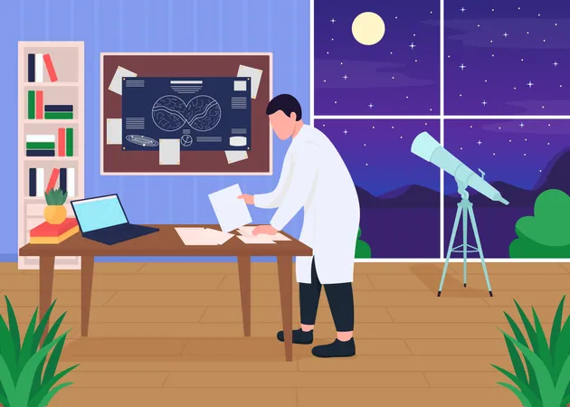 Astronomers Workplace Flat Color Vector Illustration Different Science Instruments And Devices For Space Exploration Smart Person 2 D Cartoon Characters With Telescope On Background Illustration