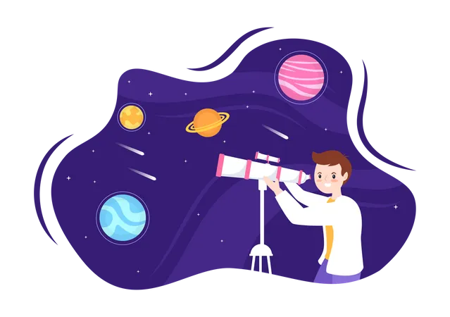 Astrónomo masculino con un telescopio  Ilustración