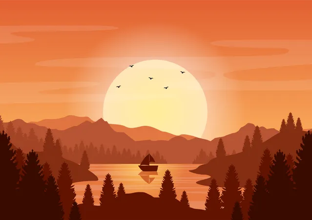 Puesta de sol en el lago  Ilustración