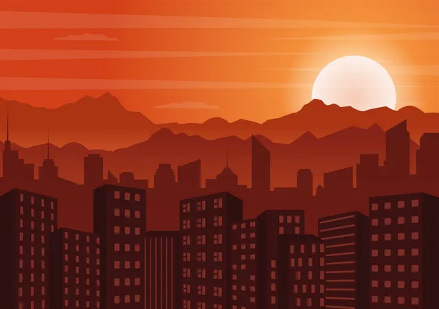 Puesta de sol entre las montañas de la ciudad  Ilustración