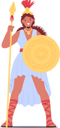 Atenea, poderosa diosa griega antigua, sosteniendo una lanza y un escudo  Ilustración