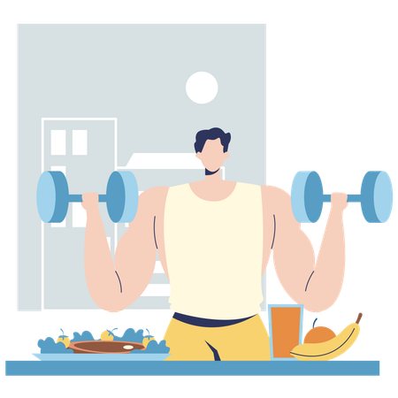 Athlete balancing weights with Food Nutrition  Illustration