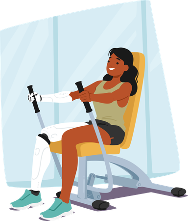 Athlète féminine dévouée avec une jambe et un bras prothétiques faisant de l'exercice sur une machine de résistance dans une salle de sport  Illustration