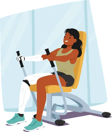 Athlète féminine dévouée avec une jambe et un bras prothétiques faisant de l'exercice sur une machine de résistance dans une salle de sport  Illustration