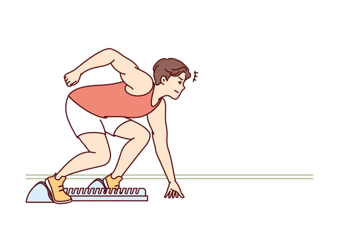 Man Sprinter Prepares For Race Standing In Starting Position In Sports Stadium Sprinter Athlete Participates In Running Tournament Competing With Rivals In Speed Of Overcoming Distance Illustration