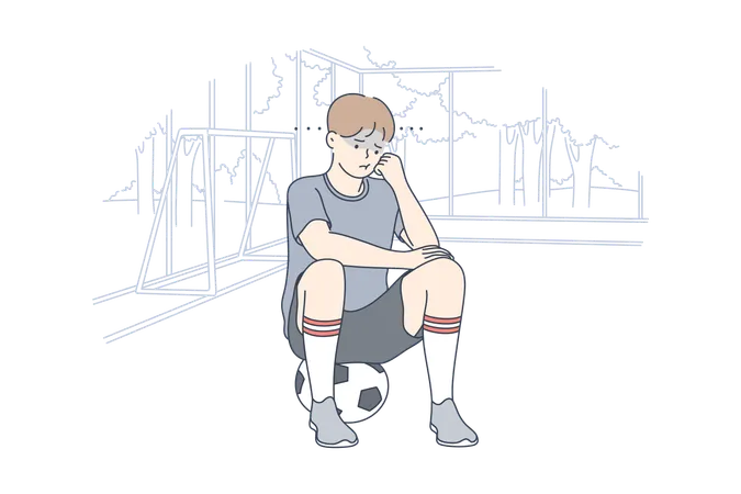 Sport Game Football Depression Frustration Mental Stress Concept Young Unhappy Depressed Frustrated Sad Boy Child Kid Soccer Player Sitting On Ball Active Recreation Or Loneliness Illustration Illustration